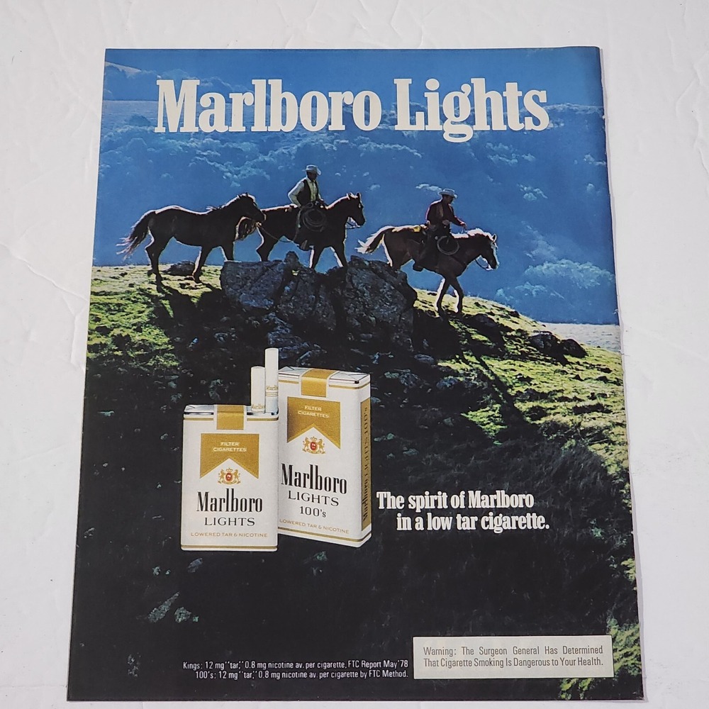 Vintage Marlboro Lights Print Ad 1980s Cowboy Horses Mountain Magazine Clipping